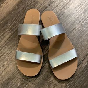 J Crew Faux Leather Silver Boardwalk Slide Sandals